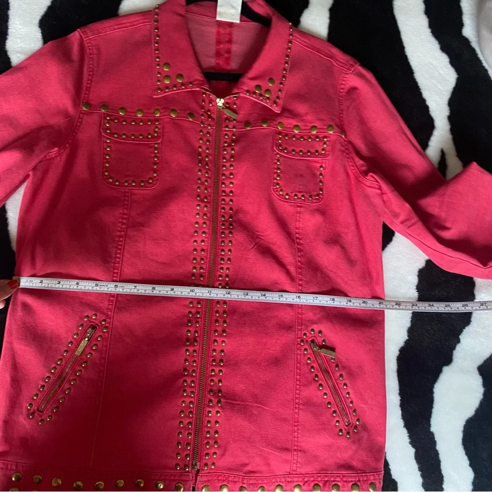 DG2 By Diane Gilman Women's Denim Gold Studded Orange Red Stretch Zip Jacket XL - Picture 2 of 9